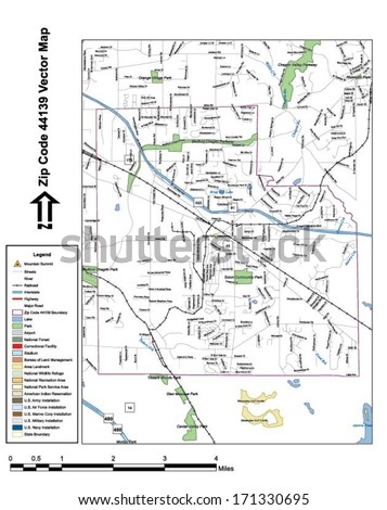 Vector map with summits, rivers, railroads, streets, lakes, parks, airports, stadiums, correctional facilities, military installations and federal lands by zip code 44139 with labels and clean layers.