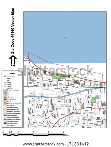 Vector map with summits, rivers, railroads, streets, lakes, parks, airports, stadiums, correctional facilities, military installations and federal lands by zip code 44140 with labels and clean layers.