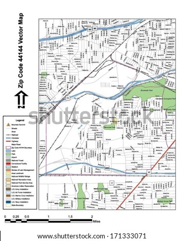 Vector map with summits, rivers, railroads, streets, lakes, parks, airports, stadiums, correctional facilities, military installations and federal lands by zip code 44144 with labels and clean layers.