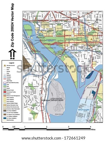 Vector map with summits, rivers, railroads, streets, lakes, parks, airports, stadiums, correctional facilities, military installations and federal lands by zip code 20024 with labels and clean layers.