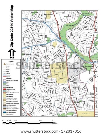 Vector map with summits, rivers, railroads, streets, lakes, parks, airports, stadiums, correctional facilities, military installations and federal lands by zip code 20814 with labels and clean layers.