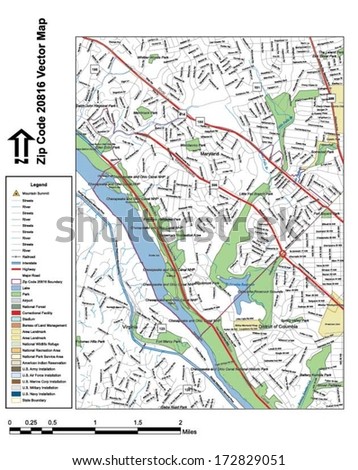 Vector map with summits, rivers, railroads, streets, lakes, parks, airports, stadiums, correctional facilities, military installations and federal lands by zip code 20816 with labels and clean layers.