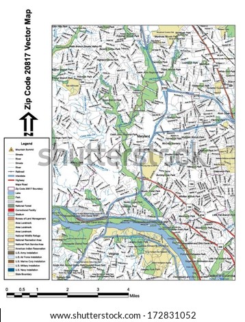 Vector map with summits, rivers, railroads, streets, lakes, parks, airports, stadiums, correctional facilities, military installations and federal lands by zip code 20817 with labels and clean layers.