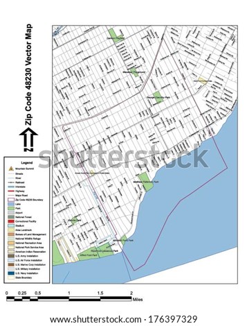 Vector map with summits, rivers, railroads, streets, lakes, parks, airports, stadiums, correctional facilities, military installations and federal lands by zip code 48230 with labels and clean layers.