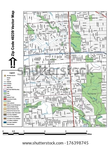 Vector map with summits, rivers, railroads, streets, lakes, parks, airports, stadiums, correctional facilities, military installations and federal lands by zip code 48239 with labels and clean layers.