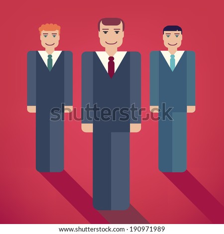 Vector illustration group of business people with businessman leader on foreground, modern flat icons with shadows, team
