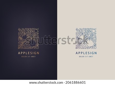 Vector line logo design template leaves and apples. Nature badge for holistic medicine centers, natural and organic food products