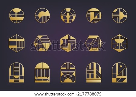 Vector set of golden luxury art deco logos, gold geometric abstract icons. Linear modern style. Circle, triangle, polygon linear shapes. Aztec, magic, esoteric icons, sacred geometry