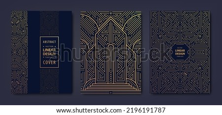 Set of vector Art deco, gatsby golden covers. Creative design templates. Trendy graphic poster, brochure, design, packaging, branding. Geometric shapes, ornaments, elements. Building, city