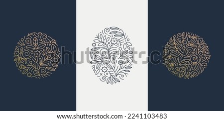 Vector set of linear plant logos. Circle luxury organic emblem. Abstract badges for natural products, flower shop, cosmetics, ecology concepts, health, spa, yoga center. Line leaves and florals icons