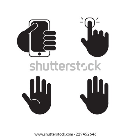 vector set of black silhouette hand icons signs isolated. Hand holding smart phone voting hand palm clicking pushing the bottom hand