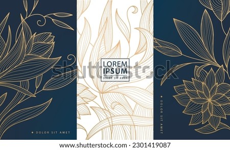Set of vector art deco, design elements labels, frames, wedding invitations, social net stories, packaging, luxury products, perfume, soap, wine. Line golden backgrounds, floral patterns with leaves.
