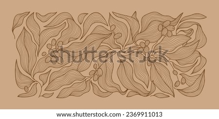 Vector coffee pattern background, line wavy illustration with beans. Floral, leaves print, package, banner. Art deco vintage style