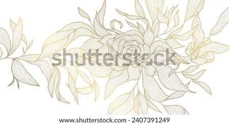 Vector gold line flower pattern, luxury art background. Leaves and roses abstract wallpaper, texture plant ornament, wedding illustration. 