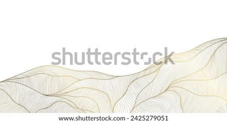 Vector gold line mountain background, nature landscape graphic, japanese wave illustration. Land, relief pattern, wall art