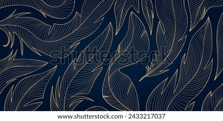 Vector gold feathers on black pattern, abstract luxury line design wallpaper. Art deco wedding texture, wing angel decoration