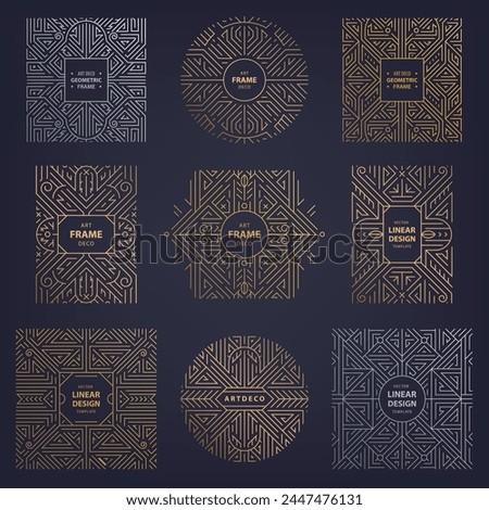 Vector set of art deco frames, line design patterns. Golden, silver, copper borders, luxury labels, abstract logos. Vintage gatsby fancy package elements.