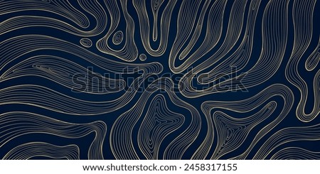 Vector line abstract wave pattern, organic texture map, topography modern graphic. Geometric art shapes, curve digital illustration. Gold on dark blue banner