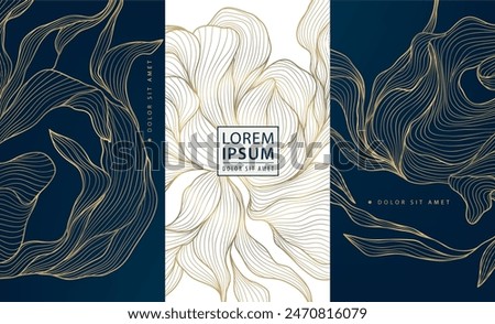 Vector set of gold floral patterns, line luxury frames, wedding background. Wine labels, ornaments, wave cards. Fancy royal design elements, vintage borders, elegant package