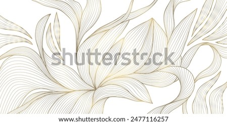 Vector gold leaf pattern. Floral luxury wallpaper, art deco botanical illustration. Palm tropical decoration, premium exotic line banner, japanese elegant border.