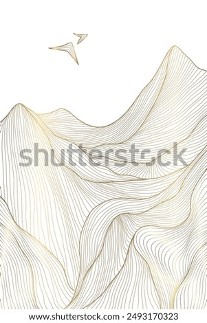 Vector mountain line japanese landscape, luxury gold on white rocks and birds illustration. Vertical orientation nature minimalist drawing. Top view scenery