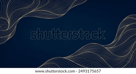 Vector art deco line wave pattern, gold on blue elegant texture, abstract wavy shapes. Premium illustration template, fancy dark copper graphic.