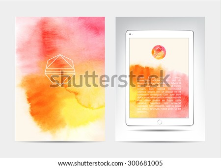 Vector Template design for flyer, card, poster or banner. Line abstract hipster logo. White tablet pc, apple ipad