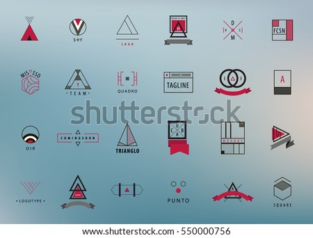 Vector set of modern and minimal outline logos, geometric - square, circle, triangle. Minimalism styled hipster icons for multiple use on blurred background. Creative ideas for brand identity work.