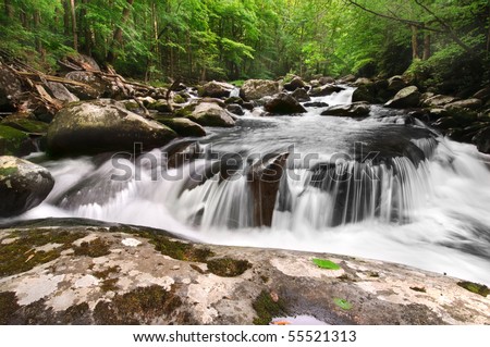 Beautiful waterfall, Middle Prong of the Little River in Great Smoky Mountains National Park, after the spring rains