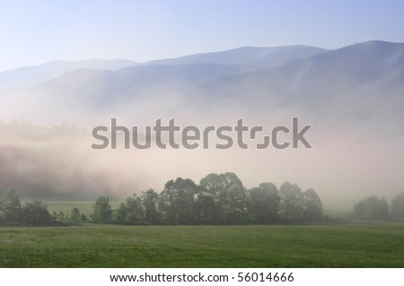 Early morning fog settling into the valley of Cades Cove in Great Smoky Mountain National Park, Tennessee, USA