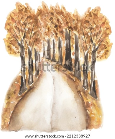 Watercolor autumn road composition, fall trees and road illustration. Card invitation design