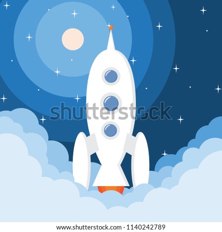 A spaceshuttle or rocket launch with clouds, sky and stars.