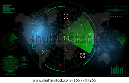 Radar Monitor. Air Traffic Control Radar screen and plane that is flying in the screen. background is a world map. Vector illustration eps10