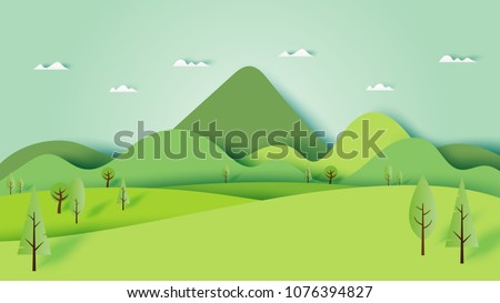 Green nature forest landscape scenery banner background paper art style.Vector illustration.