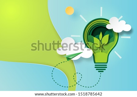 Paper art of green ecology and save energy for environment conservation concept landing page website template background.Vector illustration.