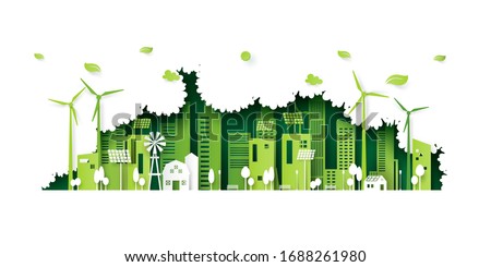 Ecology concept with green eco city on nature background.Environment conservation resource sustainable.Vector illustration.