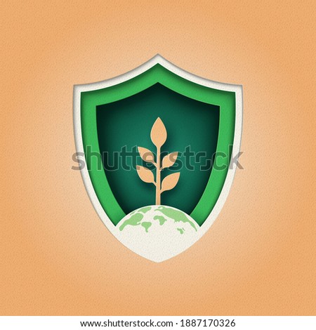 Plant and eco protection shield logo design.Nature and ecology conservation concept.Paper cut vector illustration.