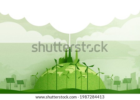 Green industry and alternative renewable energy.Green eco friendly cityscape background.Paper art of ecology and environment concept.Vector illustration.