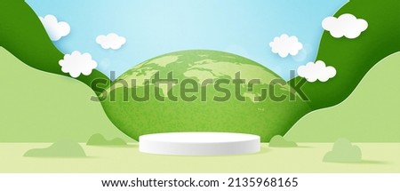 3d Cylinder podium on green nature landscape background.Earth Day or World Environment Day banner template background.Paper art vector illustration.