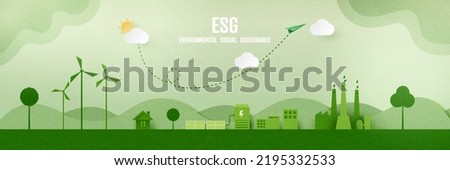 ESG as environmental social and governance concept.Green ecology and alternative renewable energy.Paper art Vector illustration.