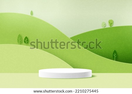 White cylinder podium on green nature mountains landscape.3d Paper cut abstract minimal geometric shape template background.Vector illustration.