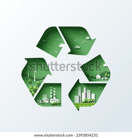 Recycle symbol of Sustainability in green eco city, alternative energy and ecology conservation concept background. Vector illustration in paper art craft style.