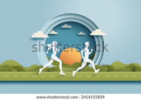 People Running In The Park. Running for health in nature landscape.Marathon or Trail running sport activity. Paper art vector illustration.