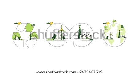 Circular Economy. ESG concept. Green Energy Concept. Sustainable development for Ecology and Environment. Flat minimal style. Vector Illustration.