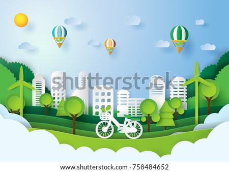 Green energy concept design.Paper art style of eco city concept and environment conservation.Vector illustration.