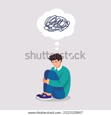 Boy suffers of depressive disorder, mental mess, confusion in thought. Vector illustration in flat style.