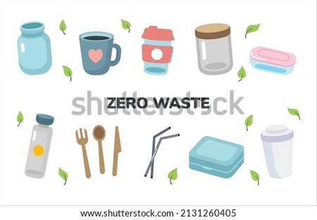 Set of eco friendly tableware items - glass jar, reusable coffee cup, wooden cutlery, lunch box. Zero waste concept. Vector illustration in cartoon style