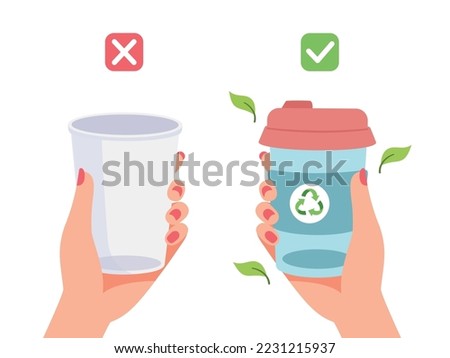 Female hands hold disposable cup and Reusable coffee cup. Zero waste concept illustration. Sustainable lifestyle, no plastic, ecological concept. Vector illustration in cartoon style