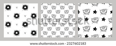 Hand drawn Donut pattern. Set of fast food seamless patterns. Comic doodle style. Vector Fast food illustration. Sketch of doughnut.