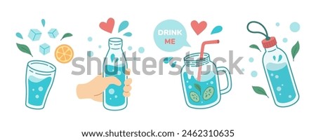 Drink more water concept, drinking water in drinking glass, jar, glass bottle. Correct daily habits, morning rituals, detox. Zero waste. Hand drawn Vector illustration.